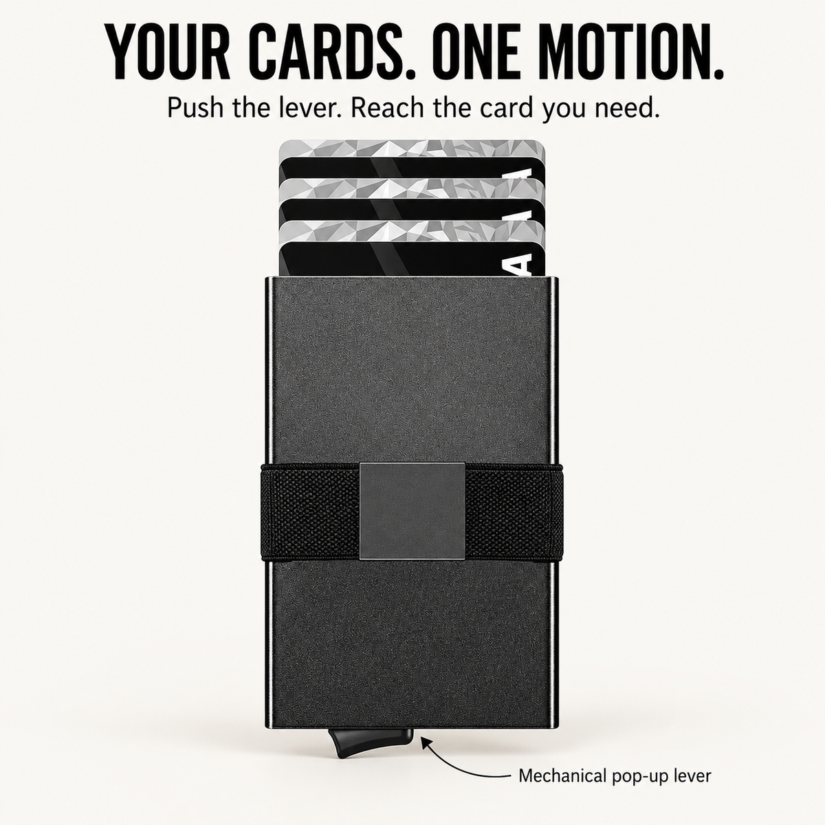 Pop-up card access with the side lever; capacity up to 8 standard bank cards.