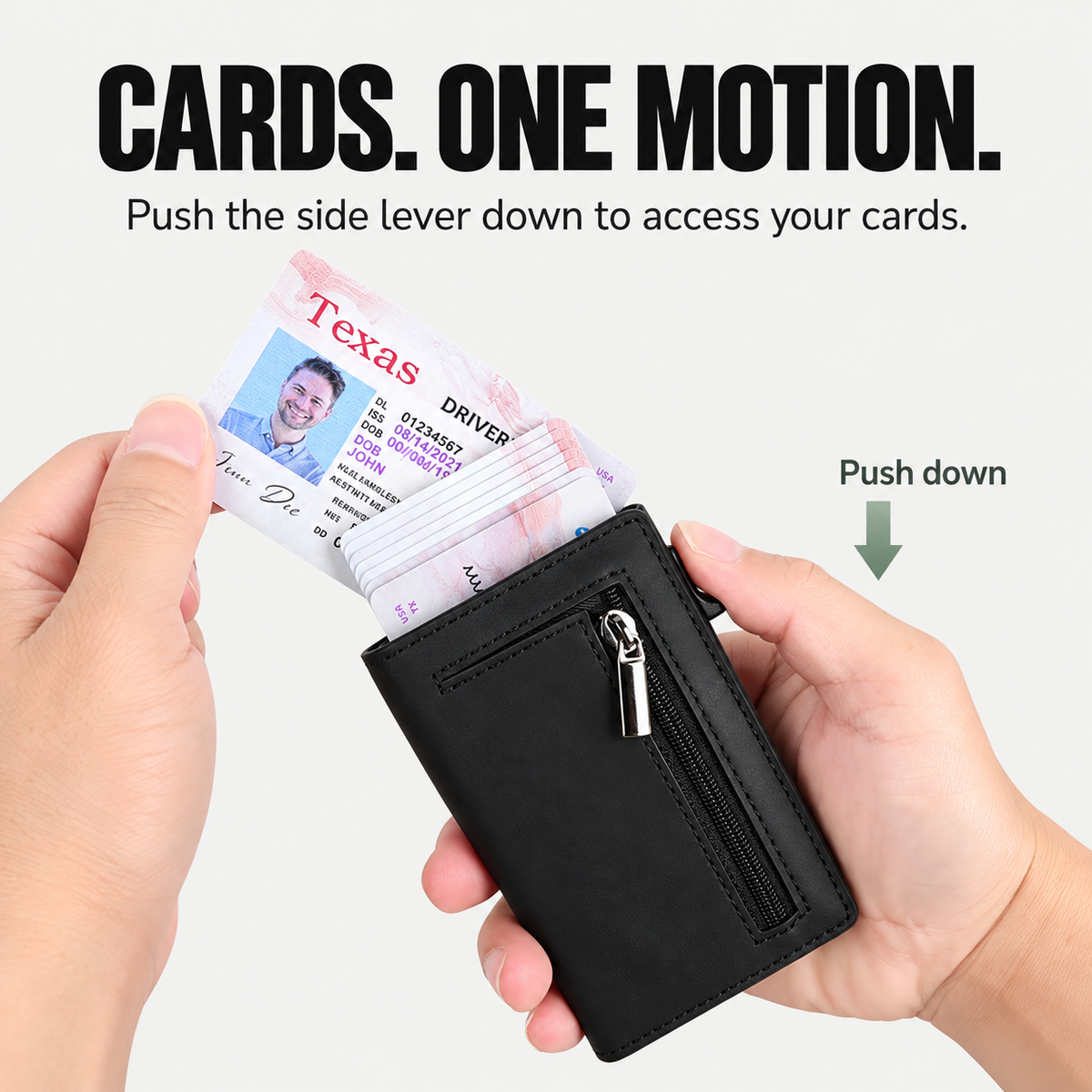 Pop-up card access with the side lever; capacity up to 8 standard bank cards.