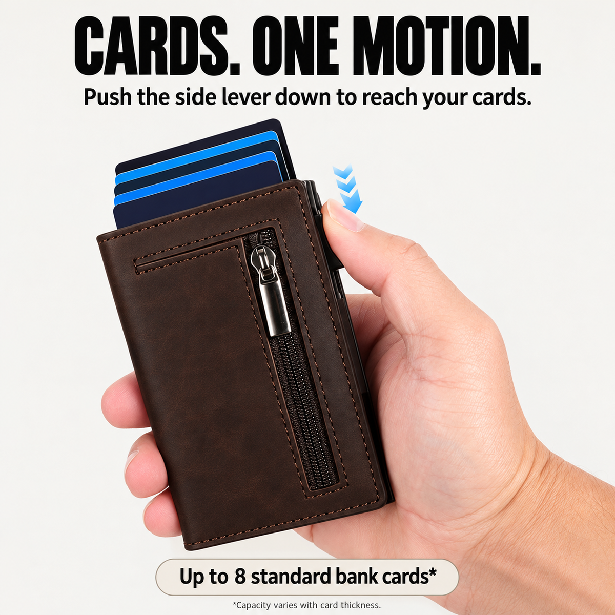 Pop-up card access with the side lever; capacity up to 8 standard bank cards.