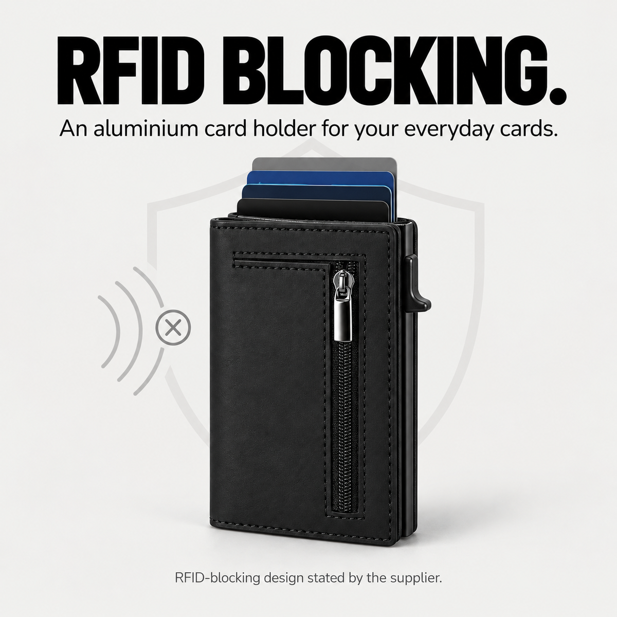 Aluminium card holder with an RFID-blocking design stated by the supplier.