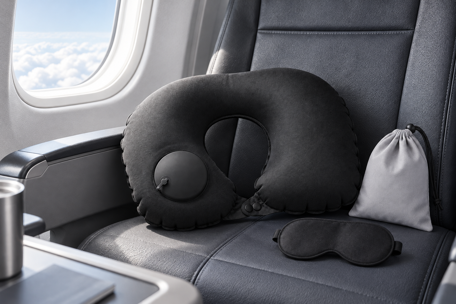 pillow in a travel setting; black finish shown