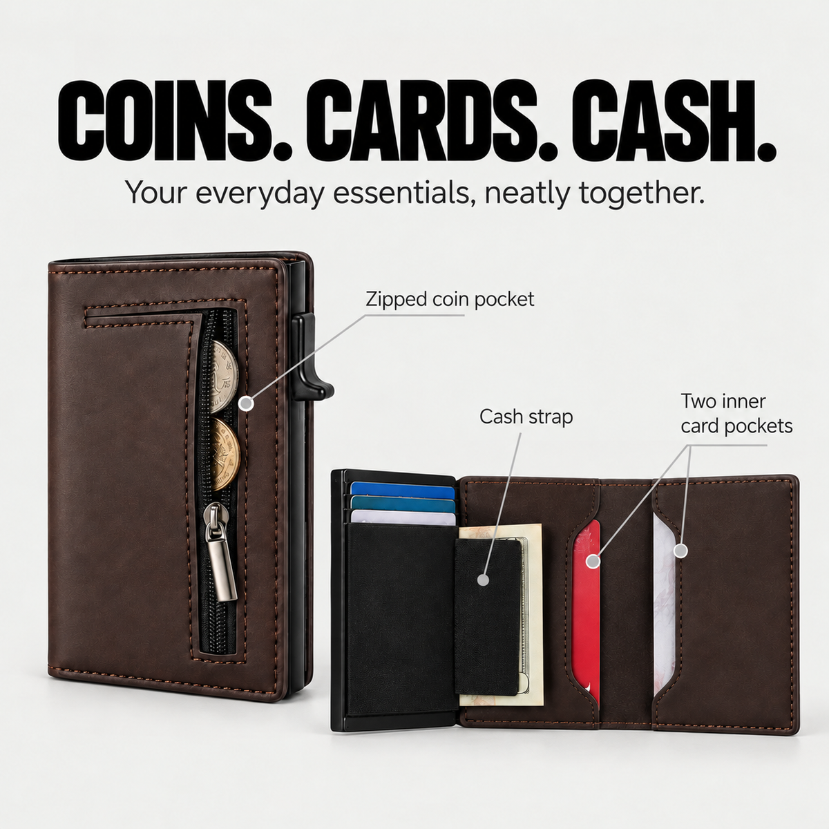 Zipped coin pocket, inner cash strap and two inner card pockets.
