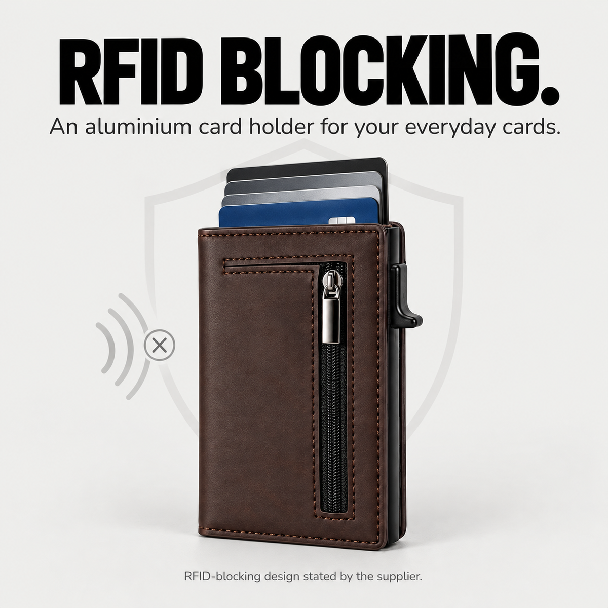 Aluminium card holder with an RFID-blocking design stated by the supplier.