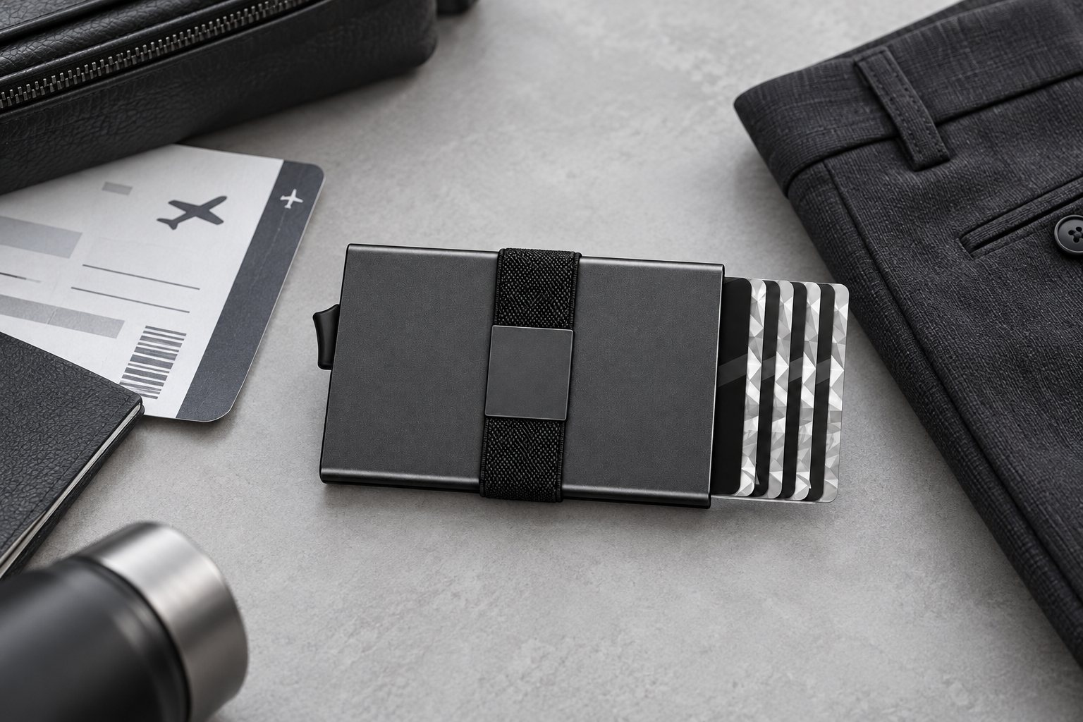 The wallet component in a travel setting; black finish shown