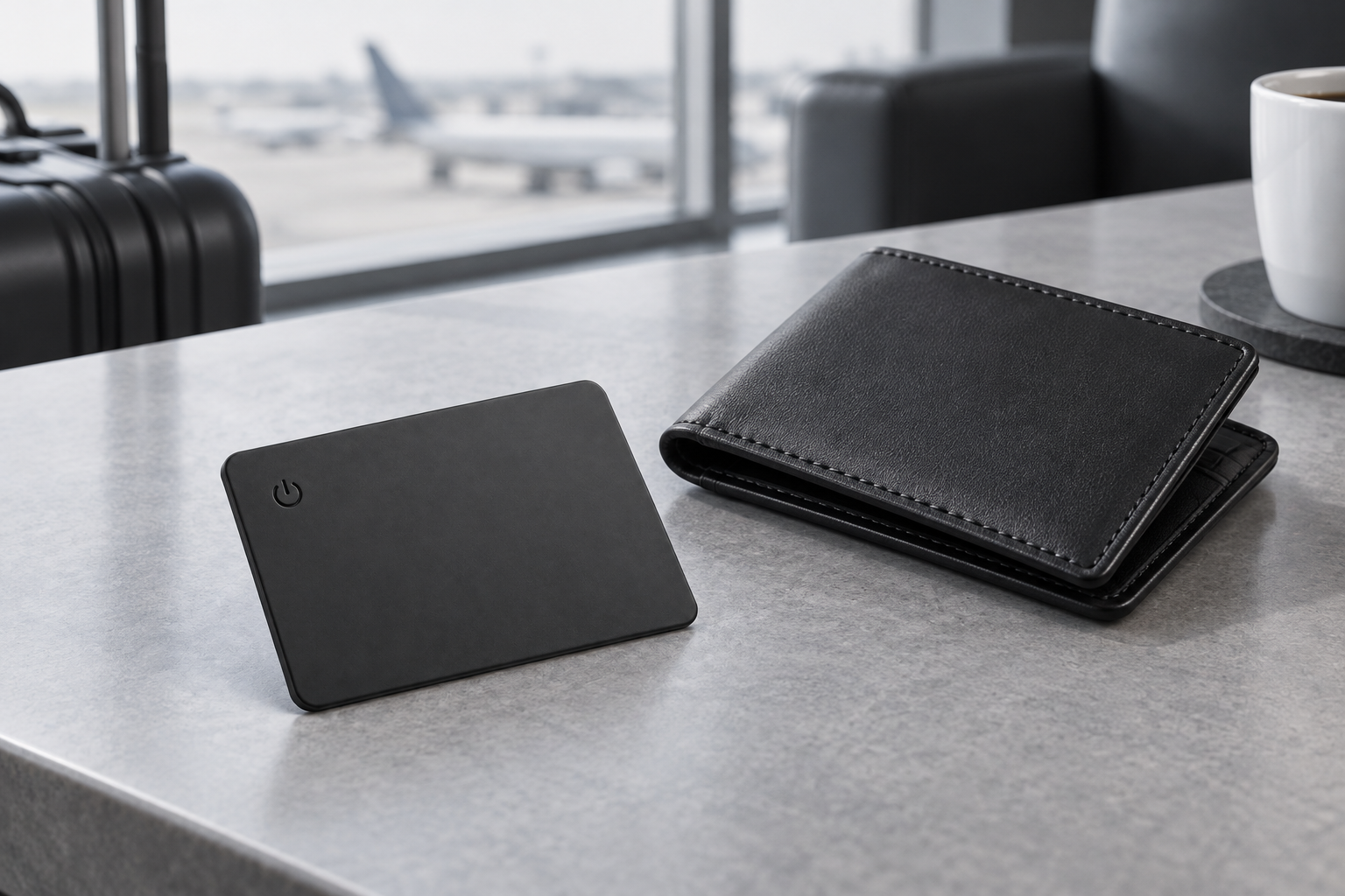 card in a travel setting; black finish shown
