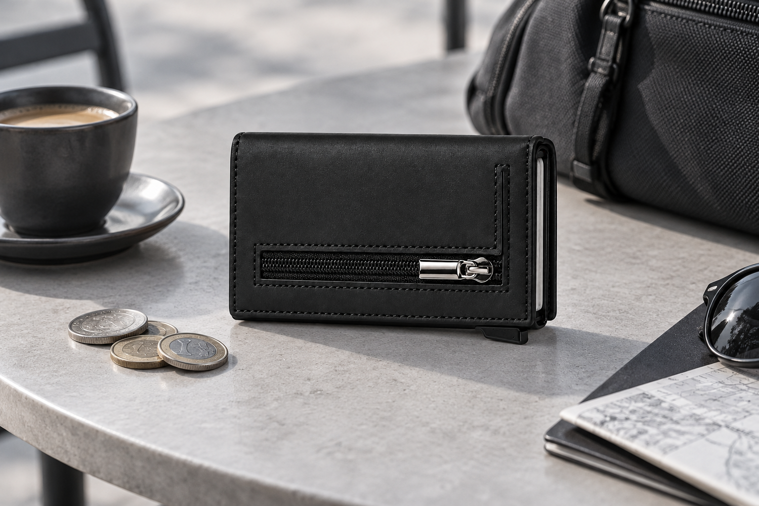 coin in a travel setting; black finish shown