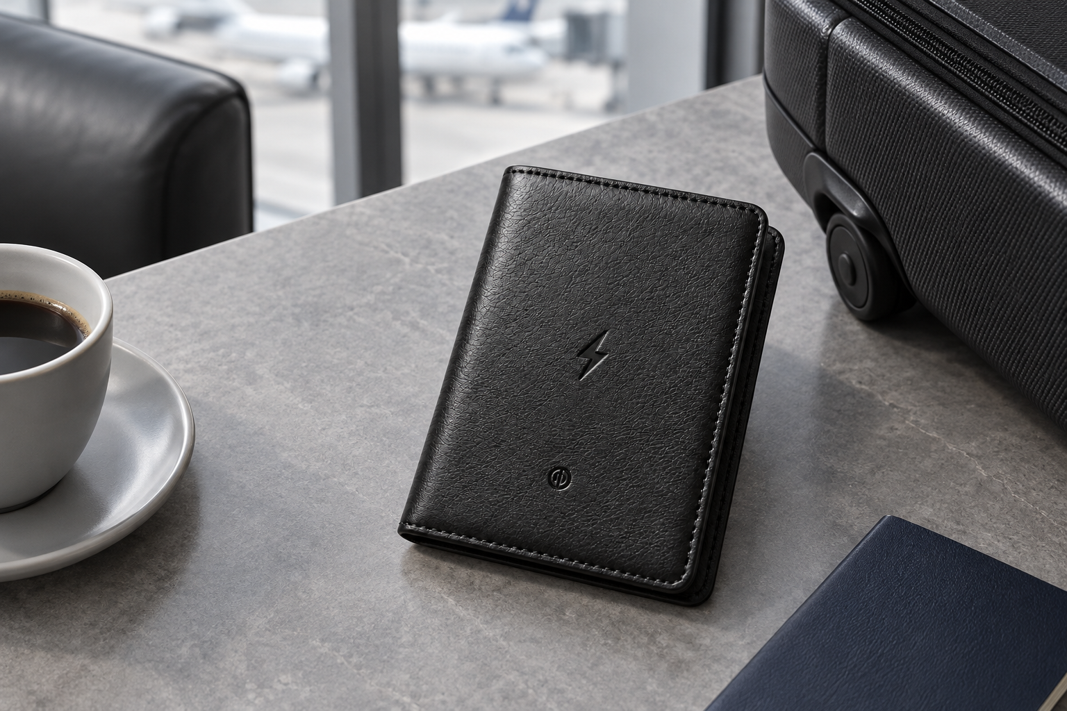 passport in a travel setting; black finish shown