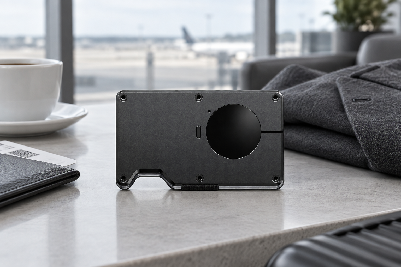 The wallet component in a travel setting; black finish shown